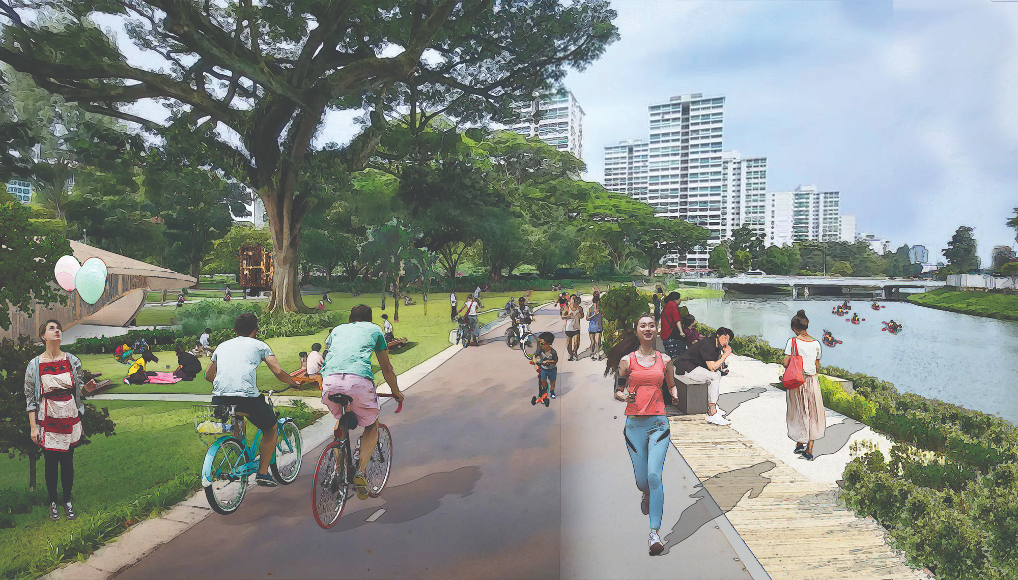 A park scene with people biking, running, picnicking, and kayaking in a river, with city buildings in the background.